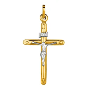 14k 2 Tone Gold Round Tube Crucifix Pendant