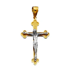 14k 2 Tone Gold Textured Finish Clover Tips Crucifix Pendant