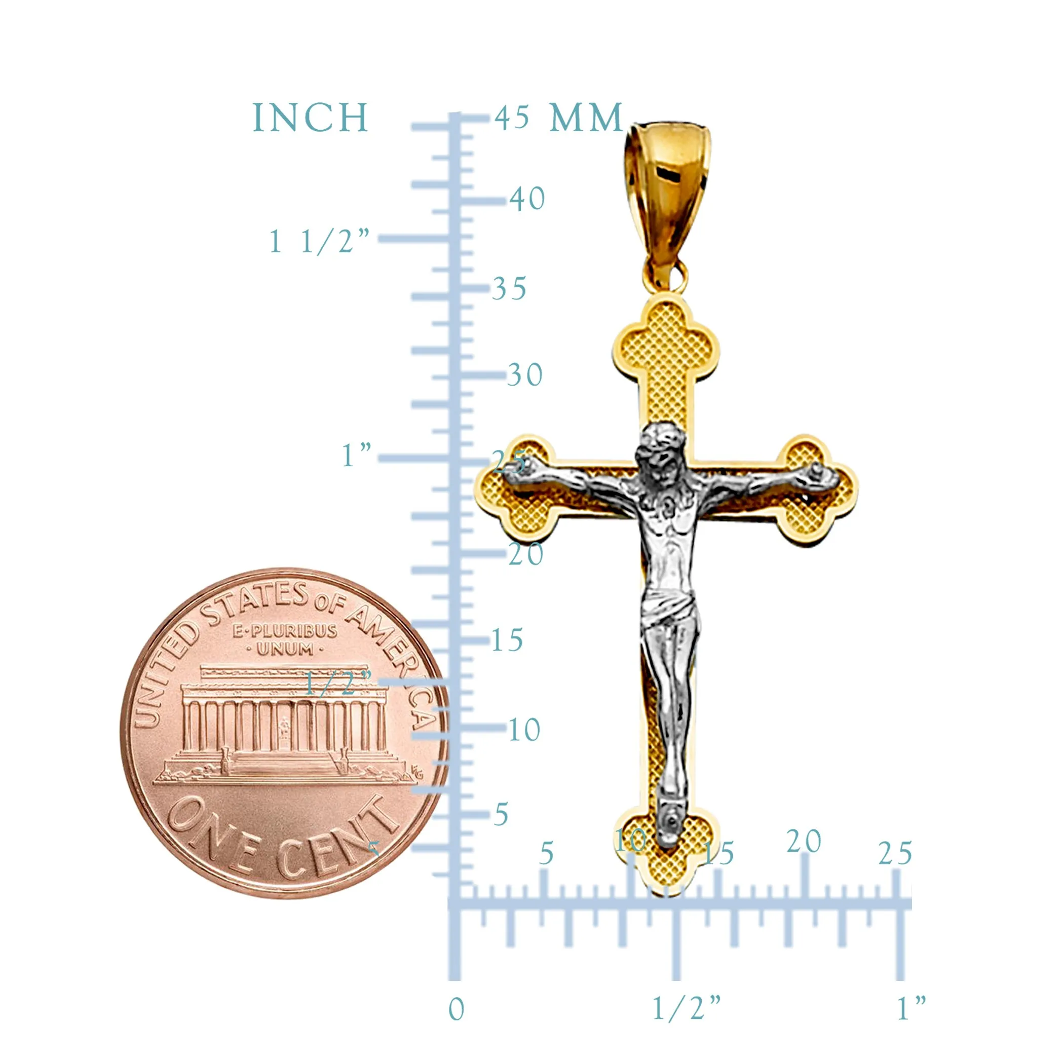 14k 2 Tone Gold Textured Finish Clover Tips Crucifix Pendant