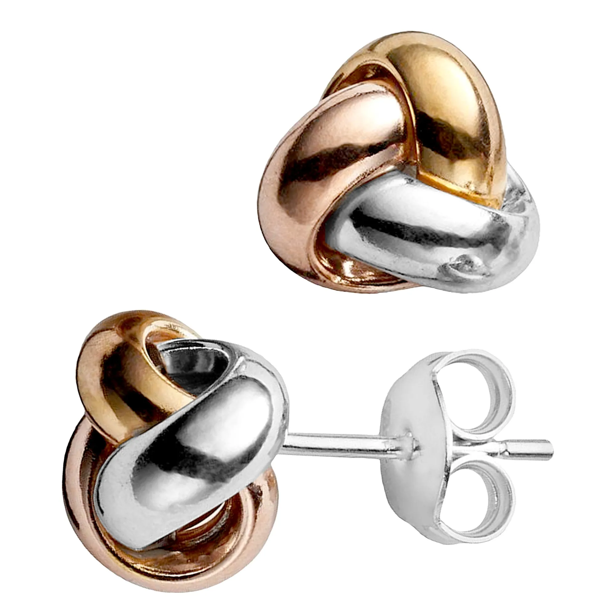 14k Tricolor Yellow White And Rose Gold Shiny Love Knot Stud Earrings, 9mm