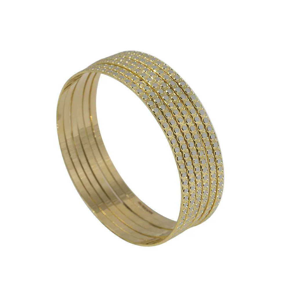 22K Multi Tone Gold Bangles, Set of 6 W/ White Gold Circle Textured Design, Size 2.7