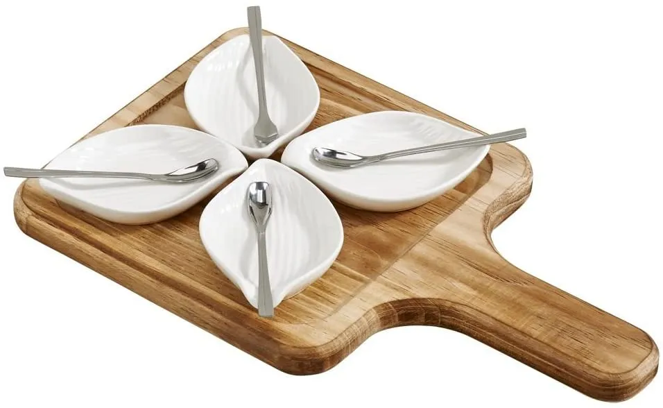 9 Pc Petals Server Set W/Wood Base & Spoons