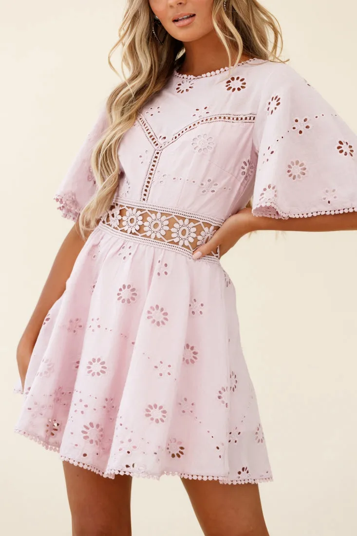 Anais Fluted Sleeve Exposed Back Broderie Anglaise Dress Blush