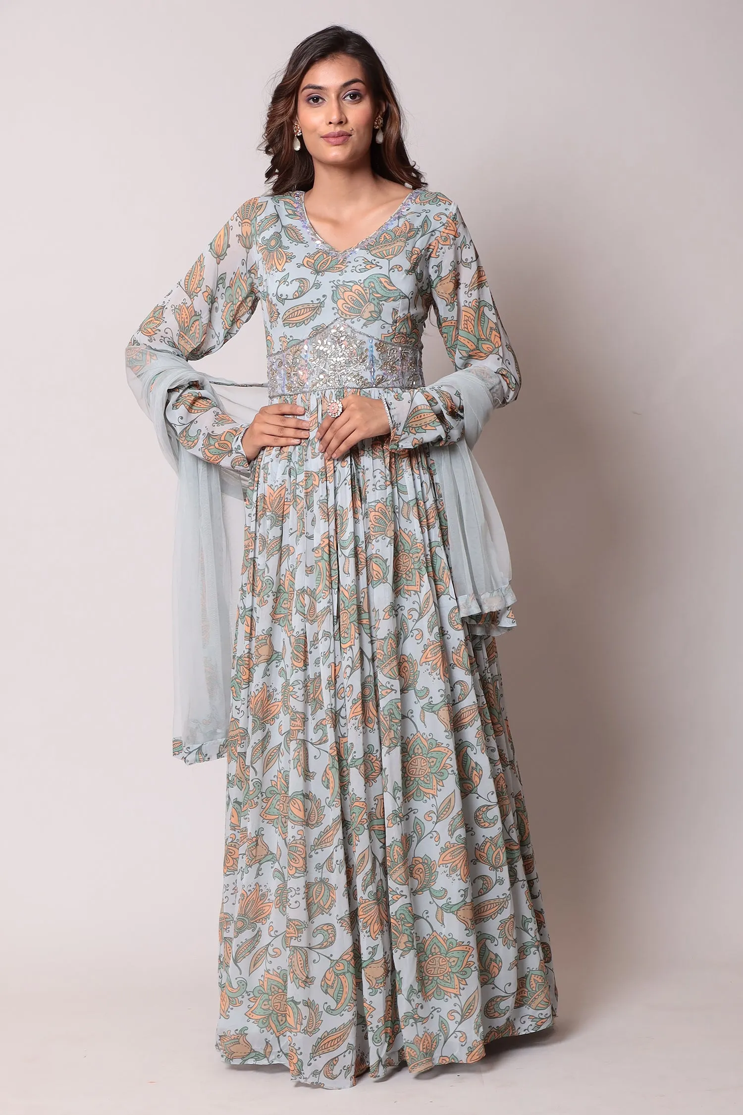 Anarkali Printed Georgette Gown with Cutdana work.