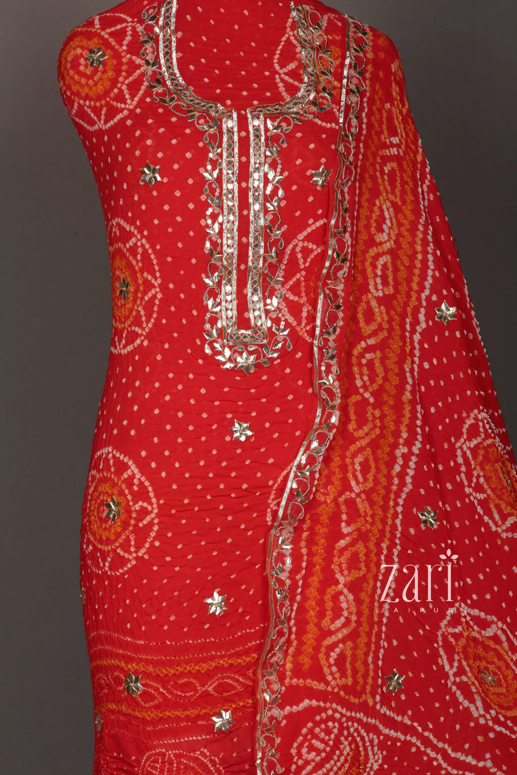 Bandhej Chinon Unstitched Suit with Gota Patti, Sequins work.