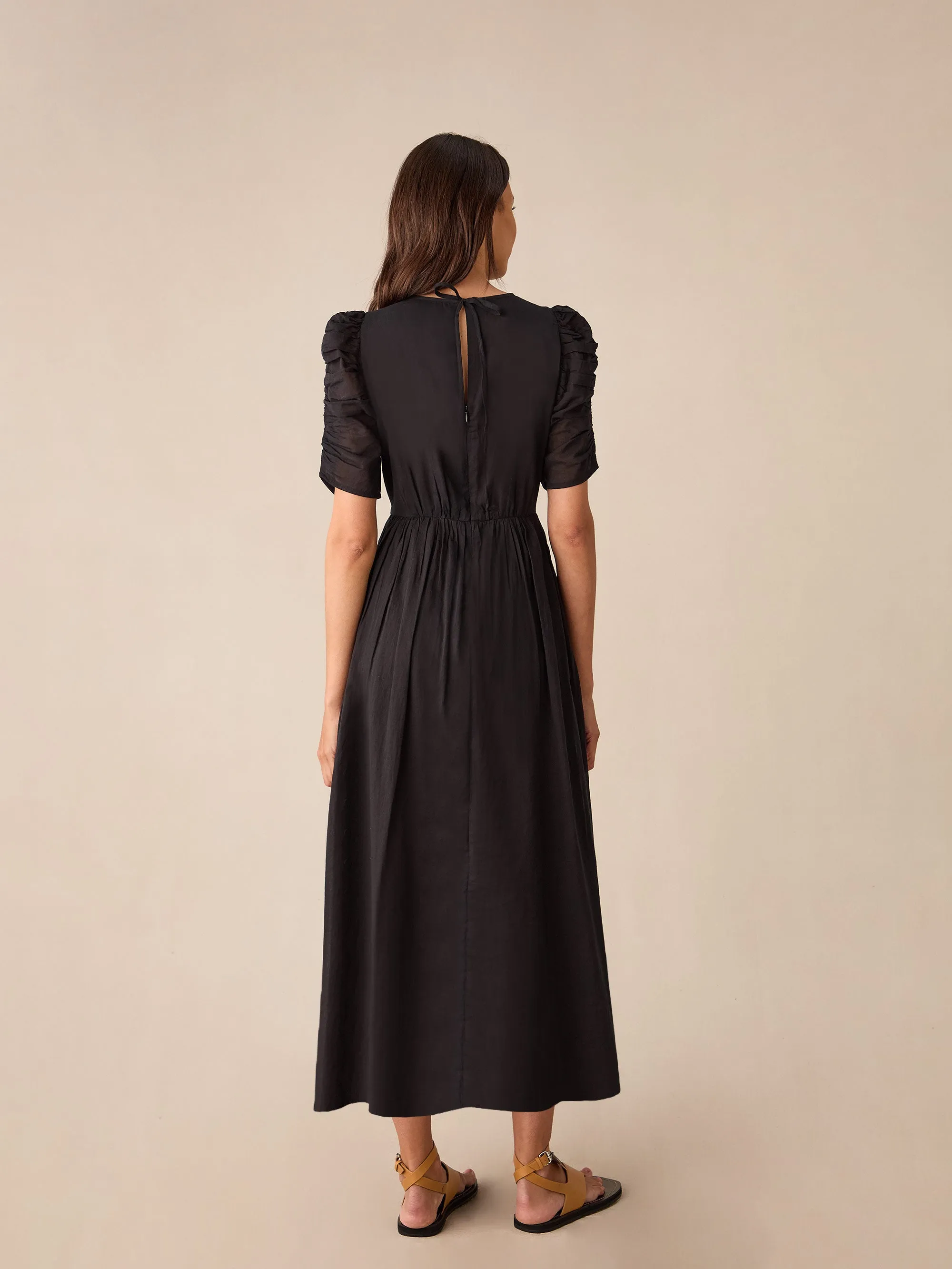 Black Cotton Puff Sleeve Midi Dress