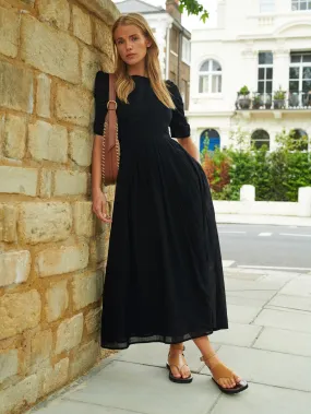 Black Cotton Puff Sleeve Midi Dress