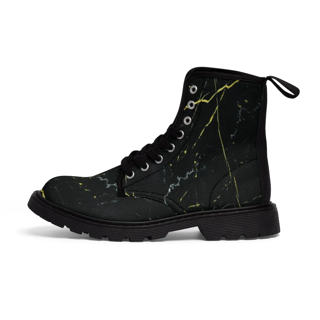 Black Marble Print Men's Boots, Abstract Best Hiking Winter Boots Laced Up Shoes For Men