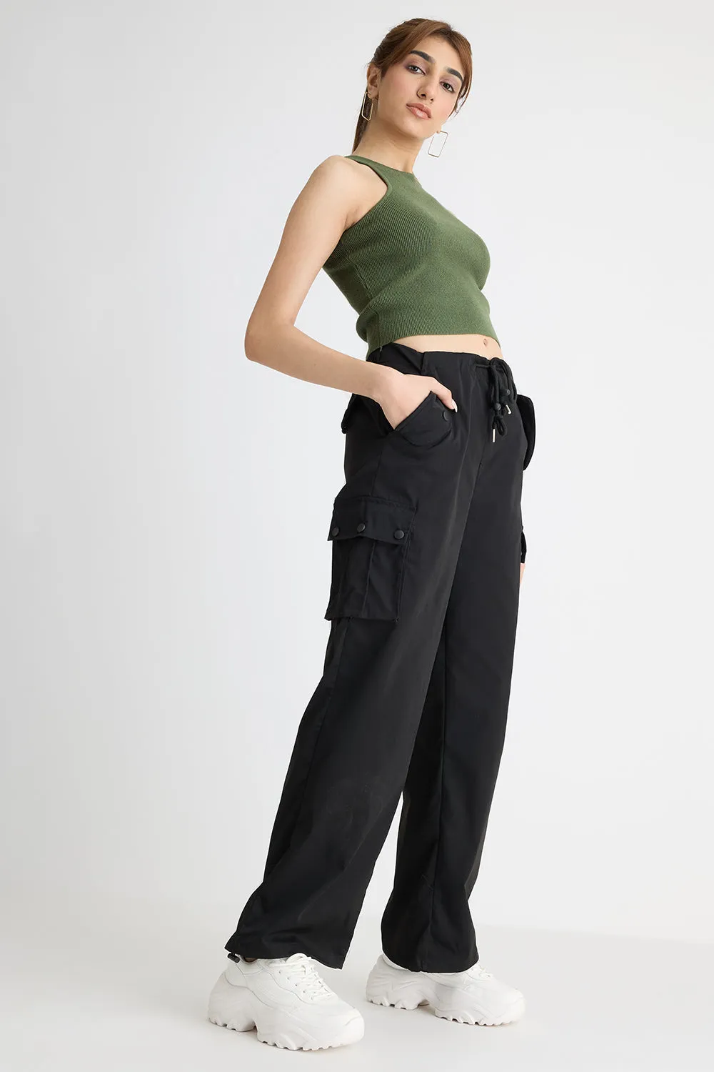 Black Wide Leg Cargo Trouser