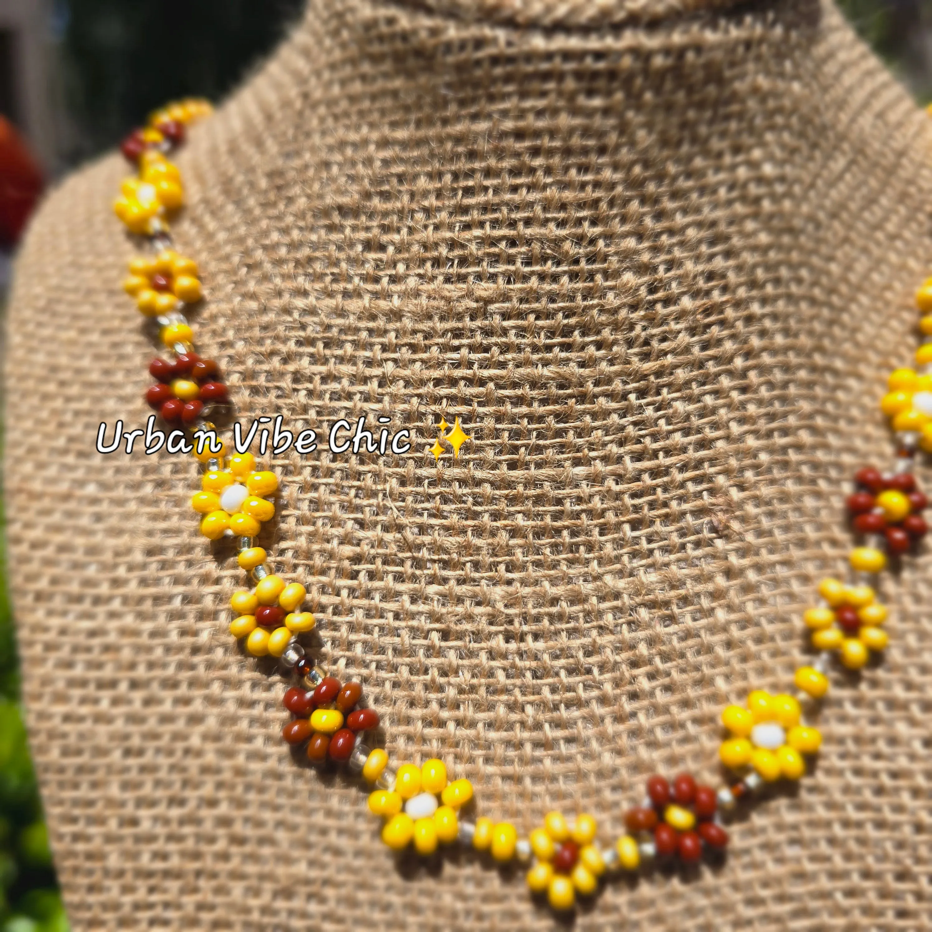 Brown & Yellow Daisy Beaded Necklace |Flower Bead Bead Necklace | Urban Vibe Chic | Seed Bead Jewelry