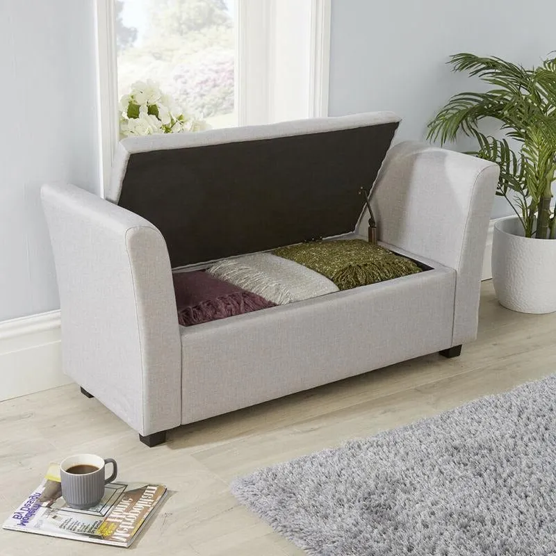 Buttoned Seat Grey Fabric Storage Bench