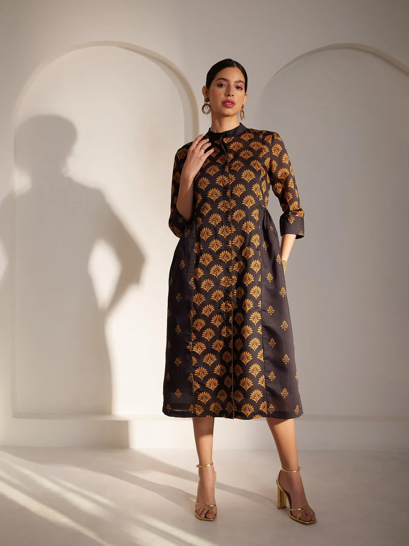 Chanderi Mandarin Collar Dress - Black And Mustard