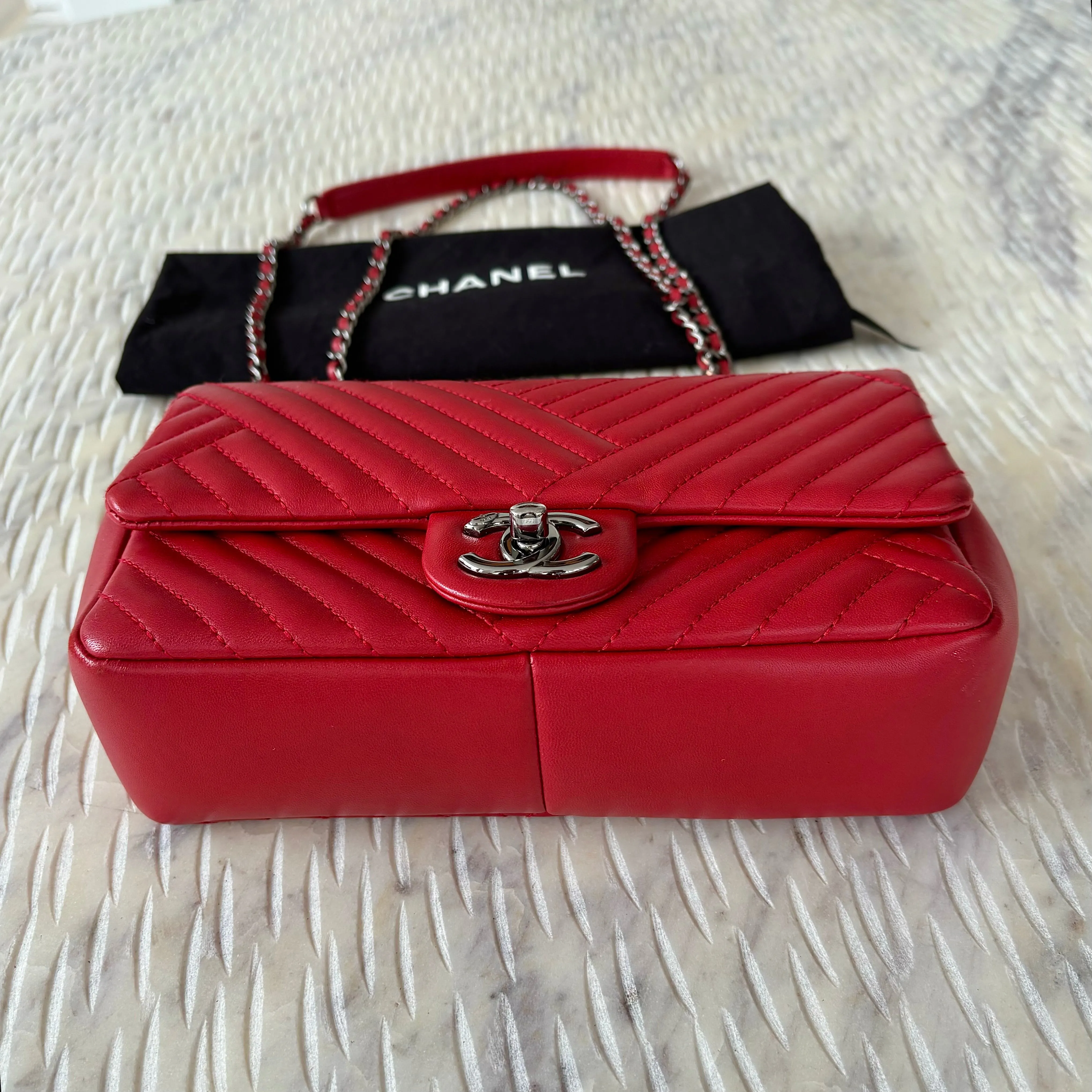 Chanel Chevron Red Lambskin Flap Bag