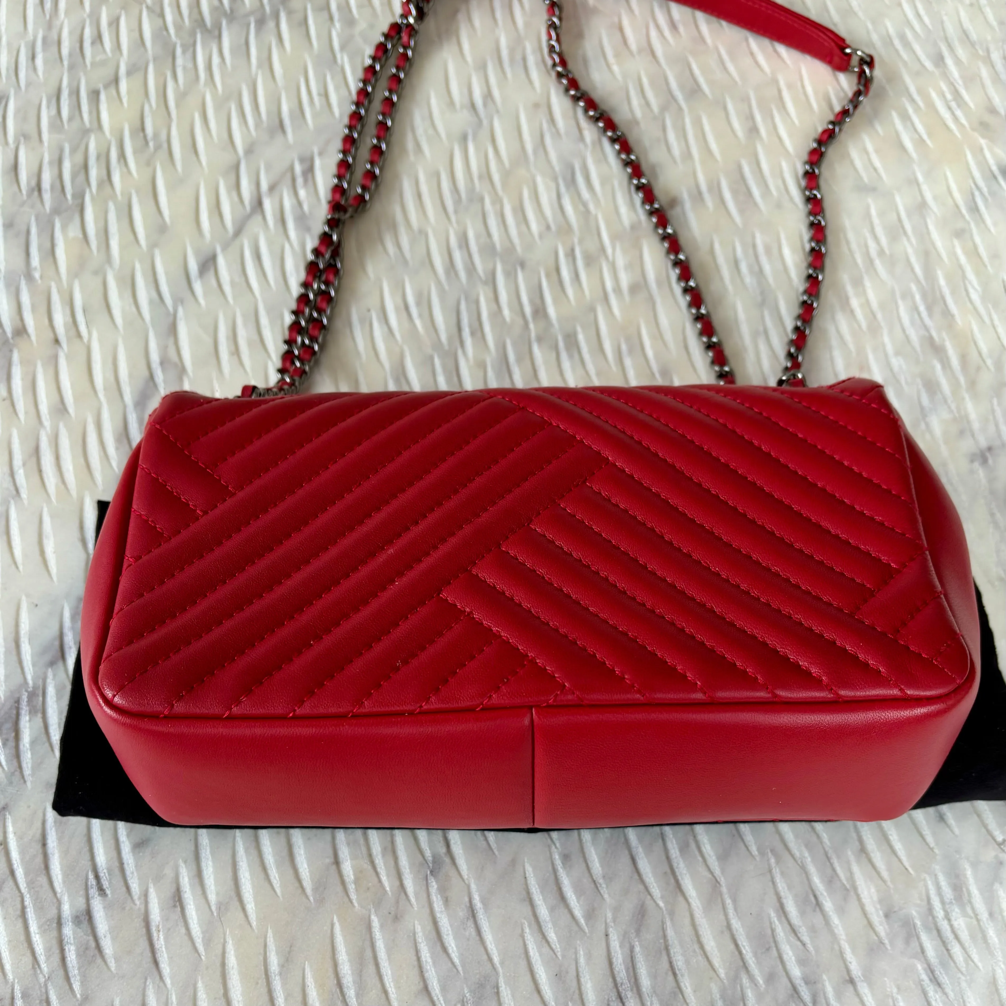 Chanel Chevron Red Lambskin Flap Bag