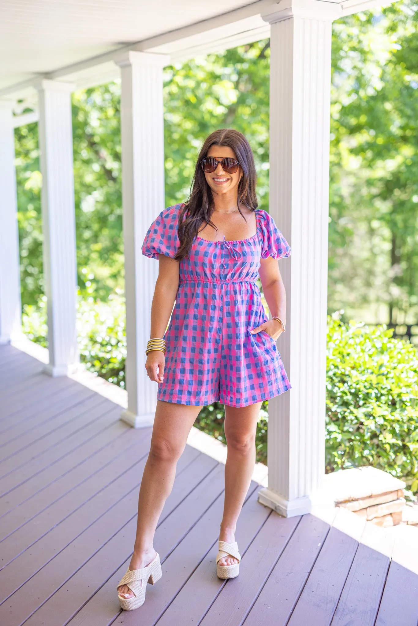 Checkered Past Blue Pink Romper