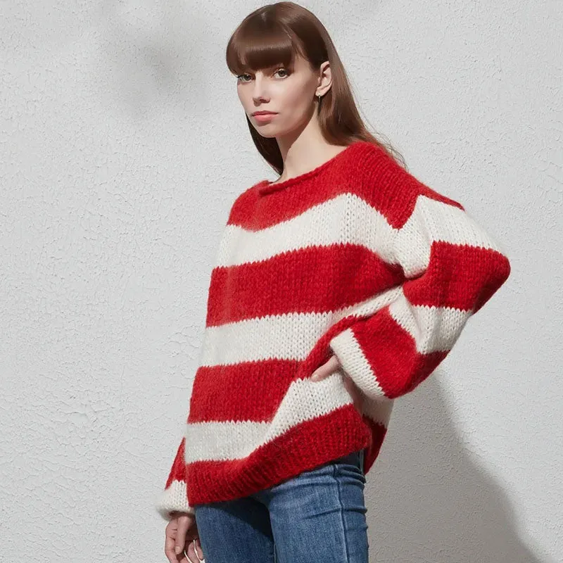 Chunky Hand Knit Stripe Boat Neck Puff Sleeve Red and White Striped Sweater