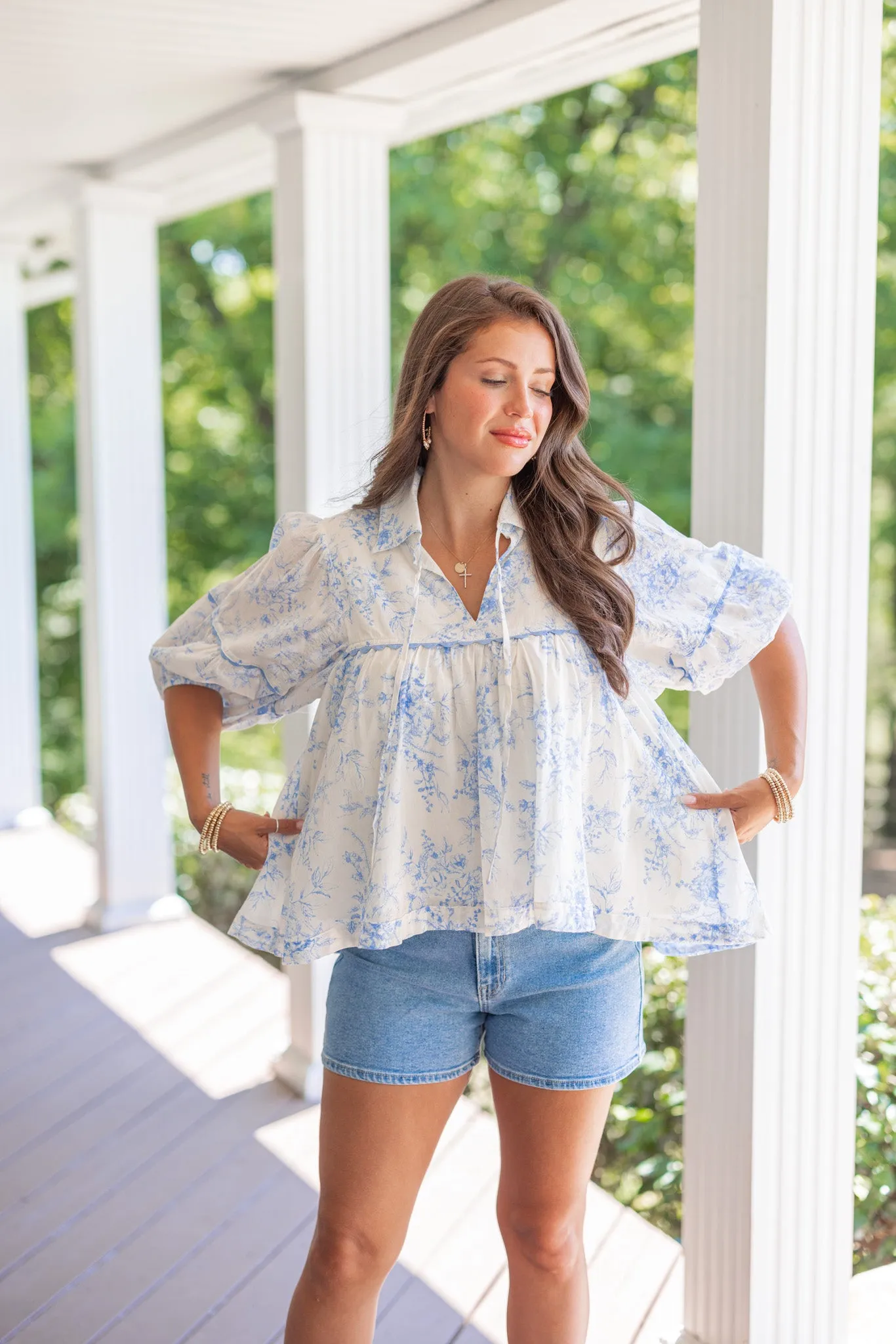 Delicate Florals Blue Babydoll Top