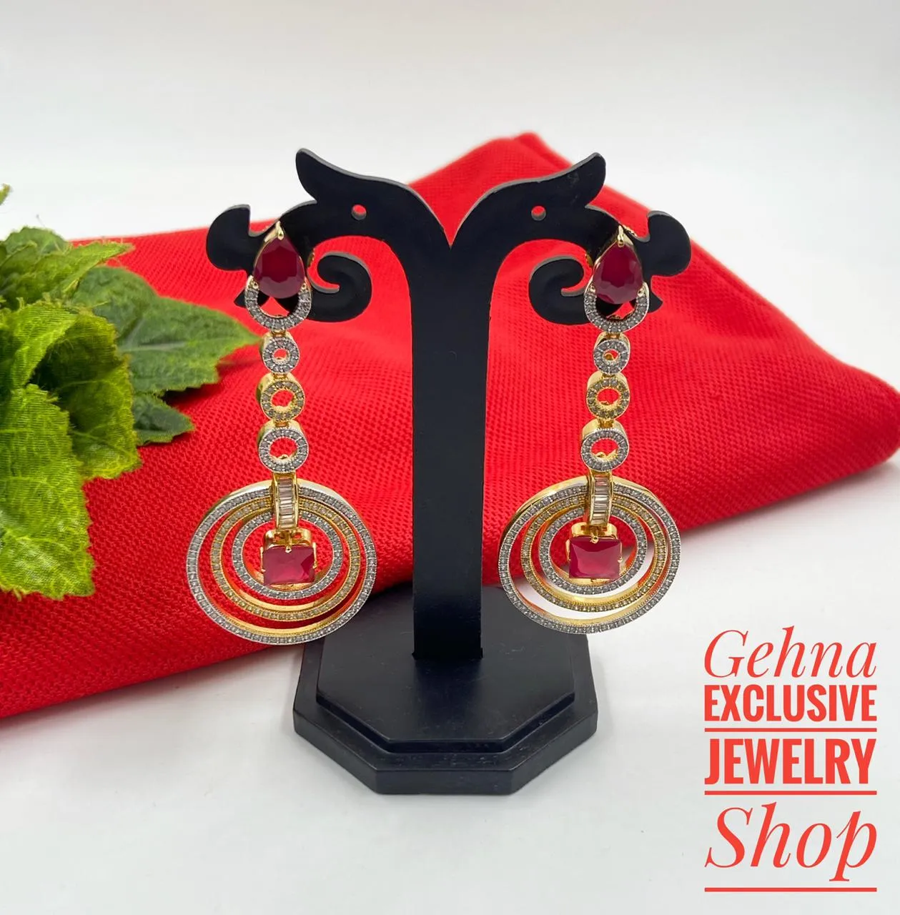 Designer Golden Long Ruby Stone Cubic Zircon Danglers By Gehna Shop