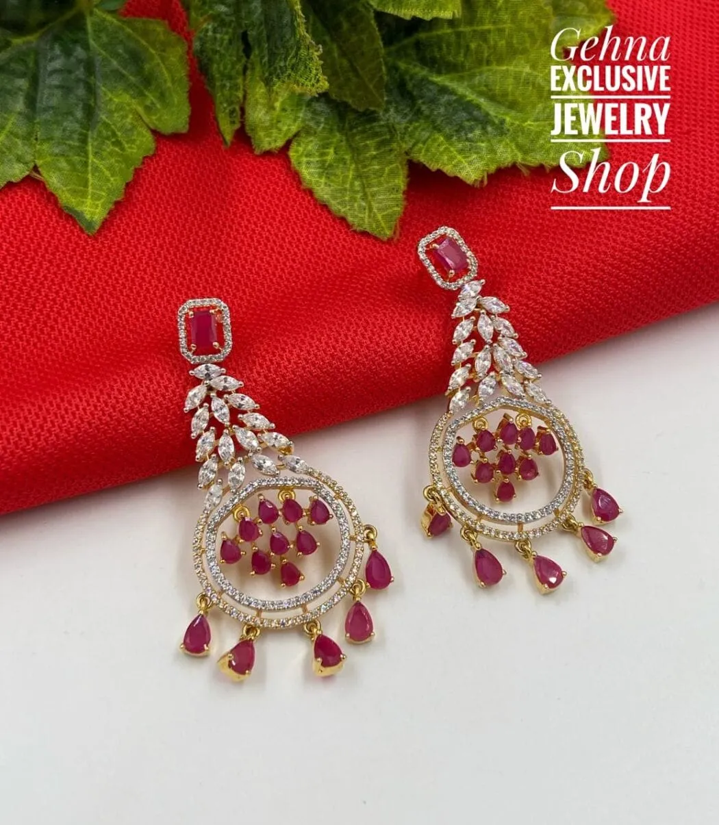 Designer Ruby Stone Zircon Party Danglers Earrings For Ladies