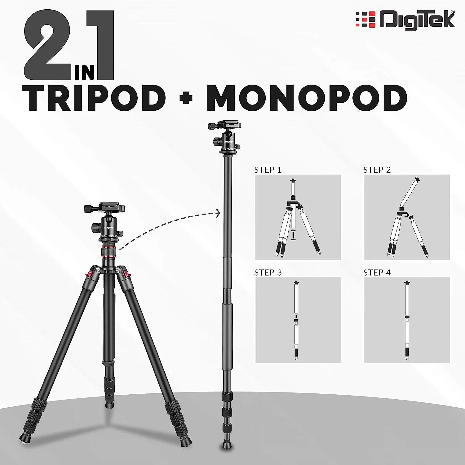 Digitek (DTR-500BH) (152 cm) Professional Aluminum Tripod Cum Monopod, with Swivel Pan Head, Maximum Operating Height : 1510 mm, Maximum Load Upto: 7kgs