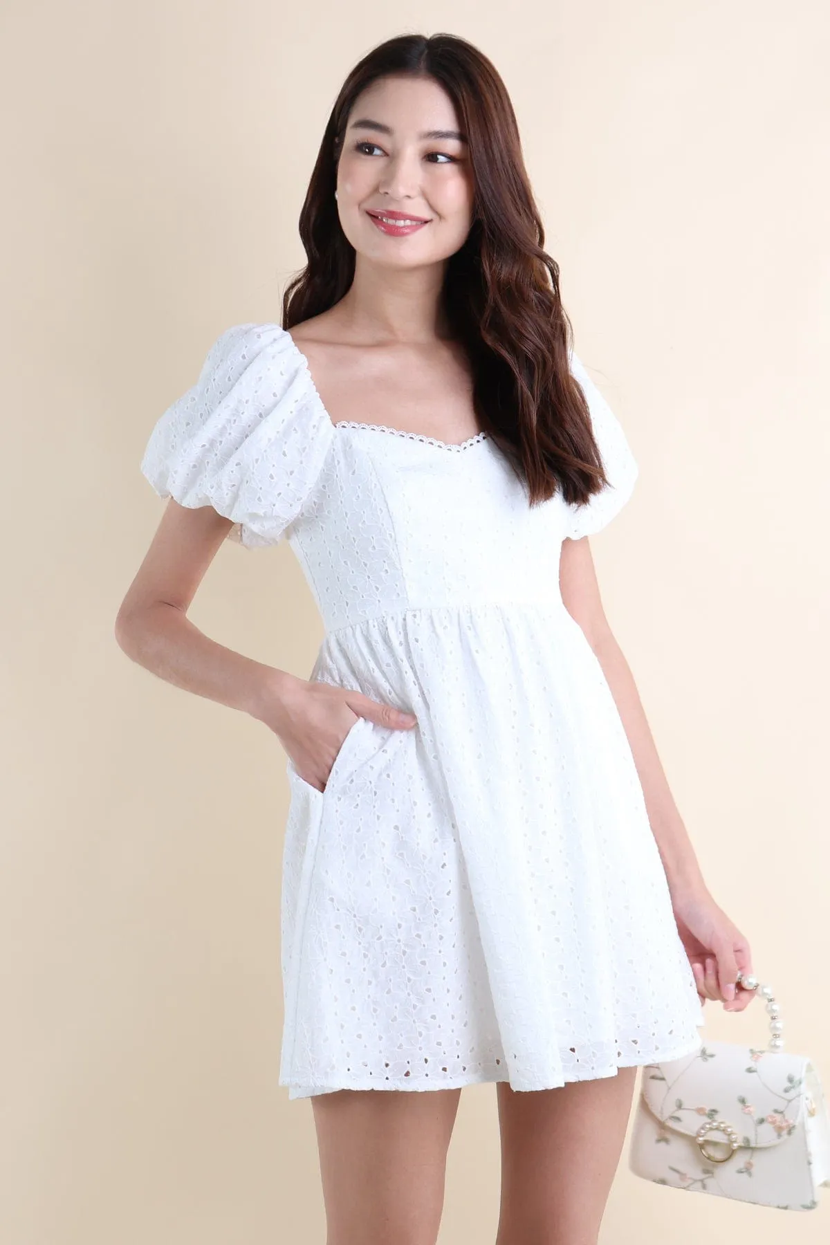 EMBER PUFF SLEEVES EYELET DRESS IN WHITE