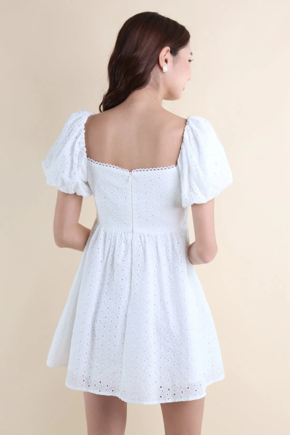 EMBER PUFF SLEEVES EYELET DRESS IN WHITE