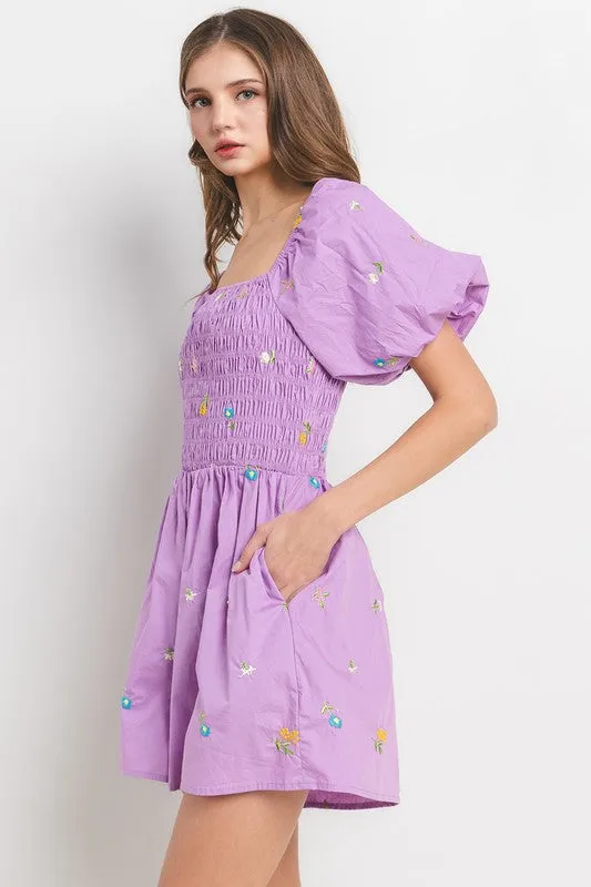 Embroidered Perfection Lavender Floral Romper