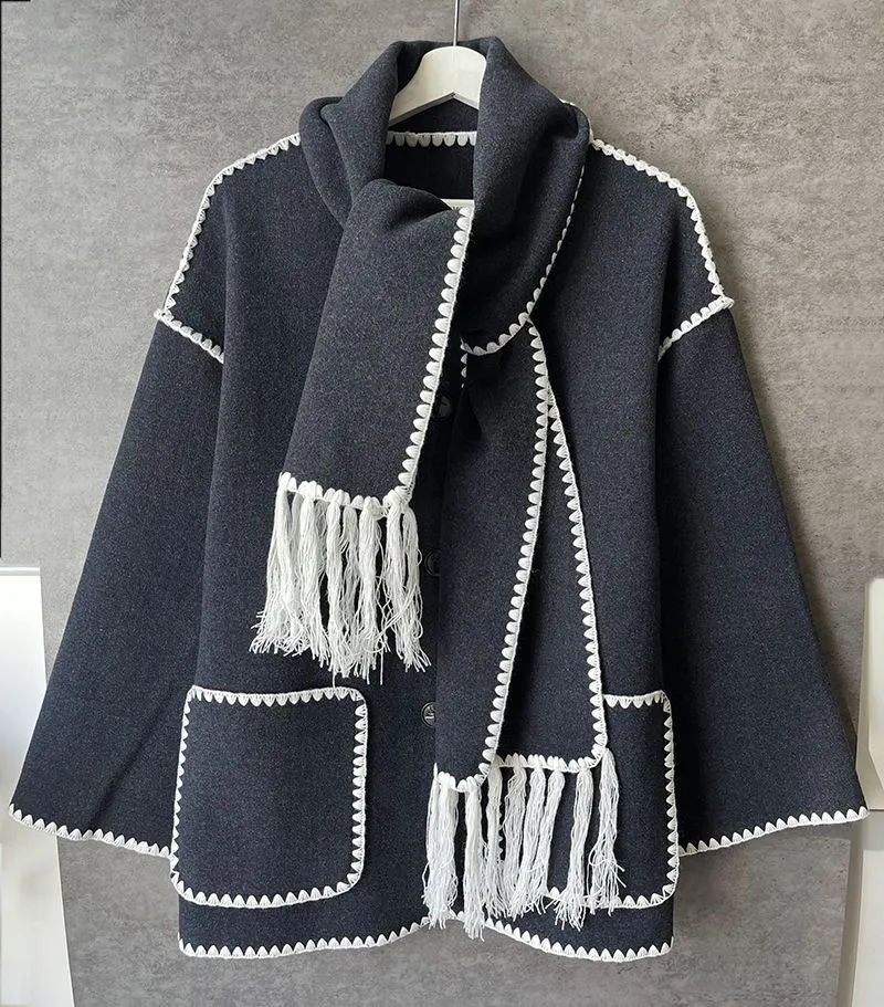 Embroie Draped Fringed Tassel Wool Blend Scarf Jacket Outerwear