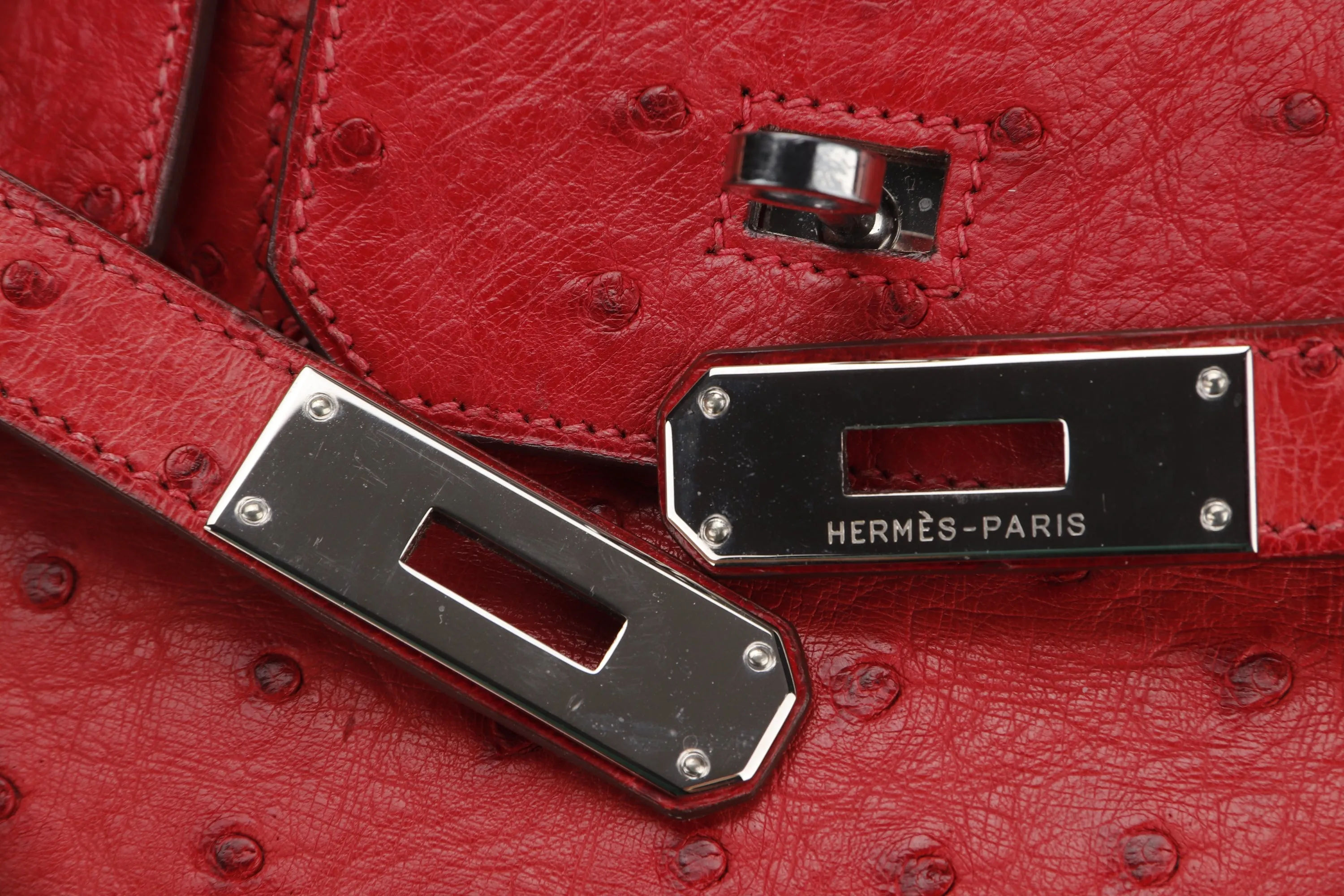 (EXOTIC) HERMES BIRKIN 30 (STAMP G (2003)) OSTRICH ROUGE VIF SILVER HARDWARE, WITH KEYS, LOCK & DUST COVER