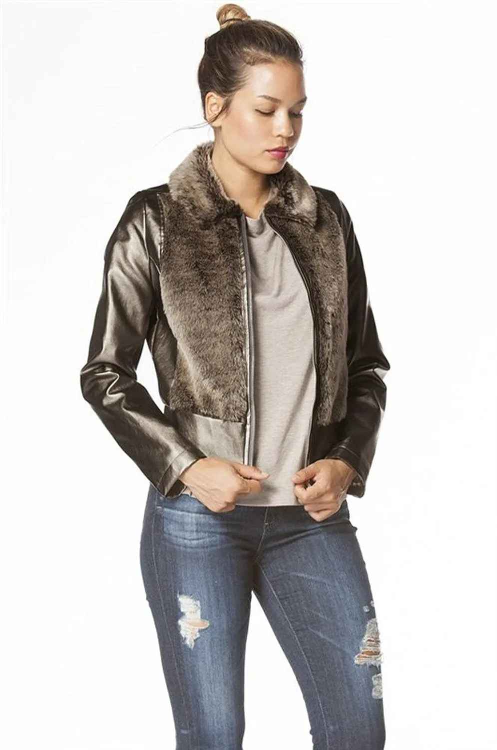 Faux Fur Vegan Leatherette Collared Two Tone Long Sleeve Outerwear Jacket Coat