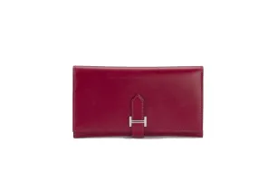 Hermes Bearn Wallet Tri Fold (Stamp O) Rouge H Color, Box Leather & Silver Hardware, with Box