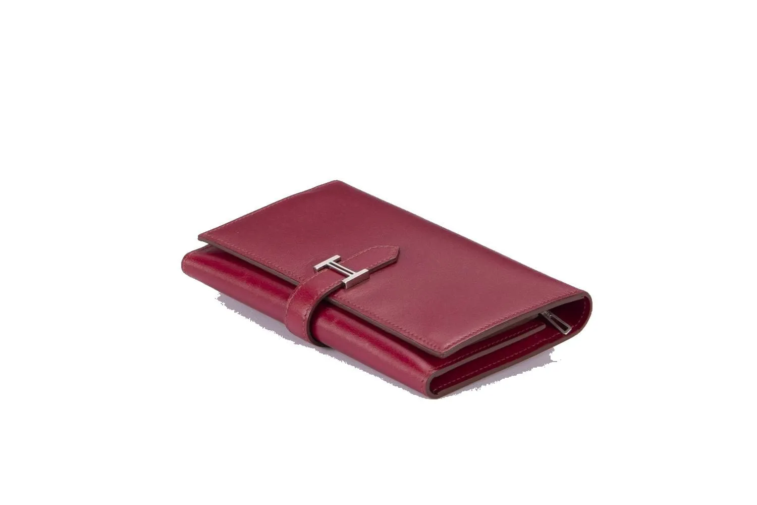 Hermes Bearn Wallet Tri Fold (Stamp O) Rouge H Color, Box Leather & Silver Hardware, with Box