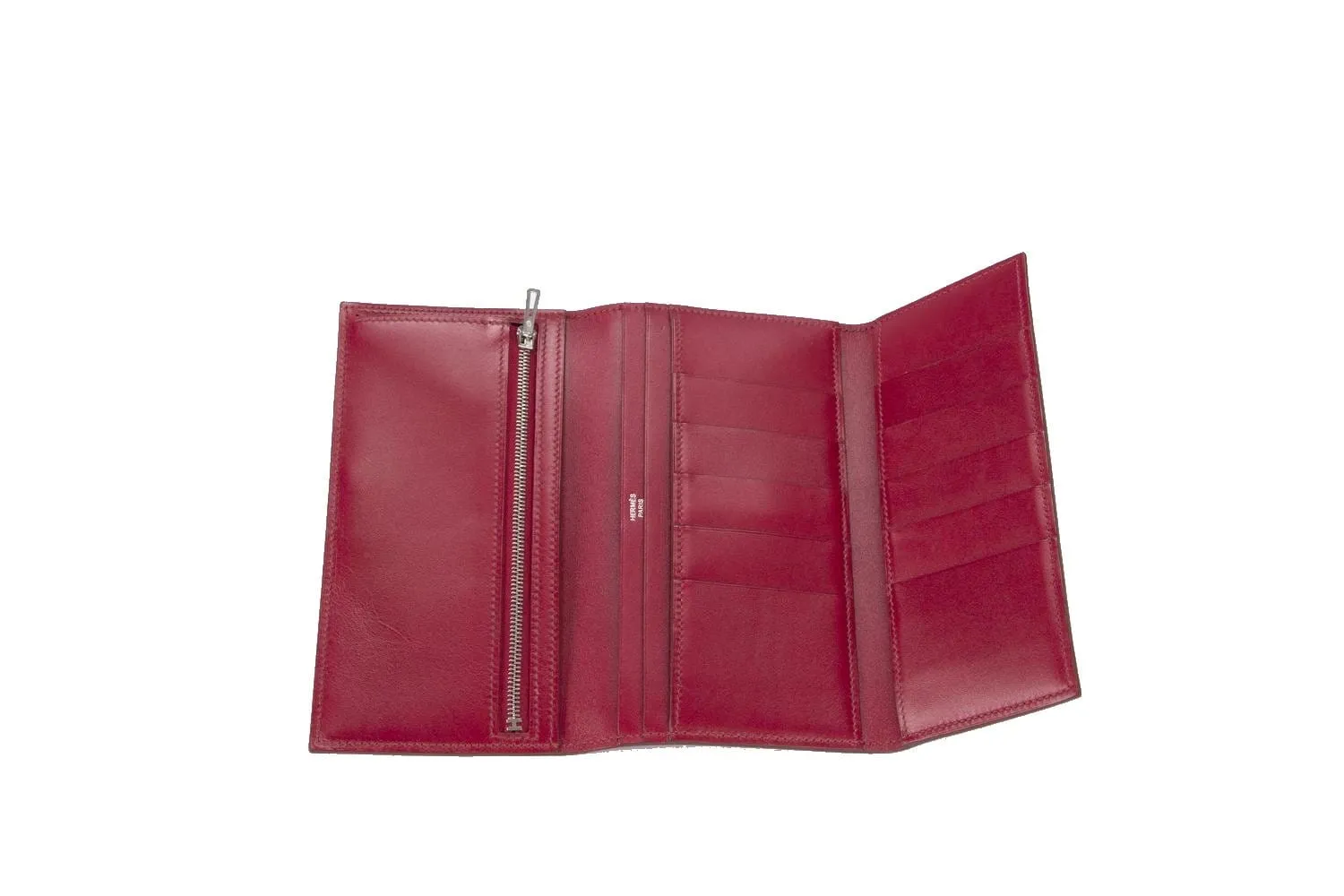 Hermes Bearn Wallet Tri Fold (Stamp O) Rouge H Color, Box Leather & Silver Hardware, with Box