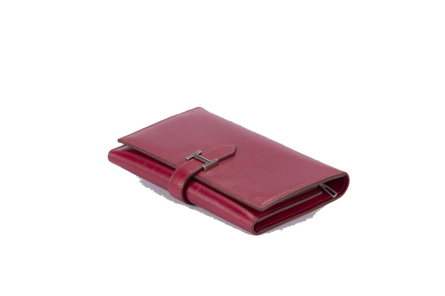 Hermes Bearn Wallet Tri Fold (Stamp O) Rouge H Color, Box Leather & Silver Hardware, with Box