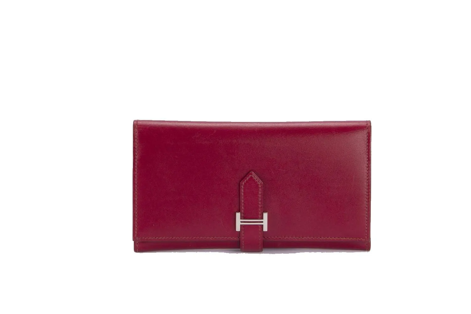 Hermes Bearn Wallet Tri Fold (Stamp O) Rouge H Color, Box Leather & Silver Hardware, with Box