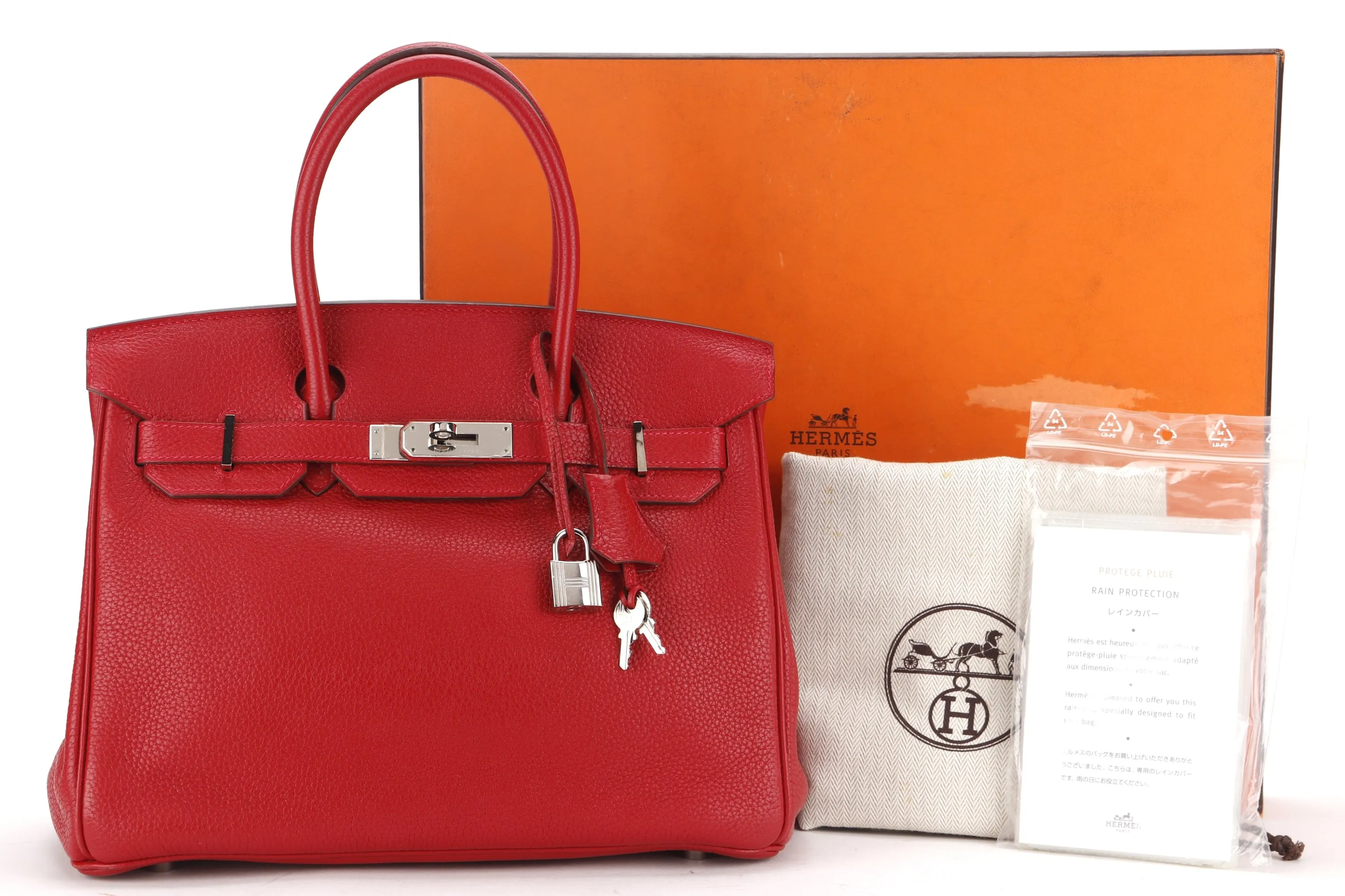 HERMES BIRKIN 30 (STAMP Q) ROUGE GRENAT CLEMENCE PALLADIUM HARDWARE, WITH KEYS, LOCK, RAINCOAT, DUST COVER & BOX