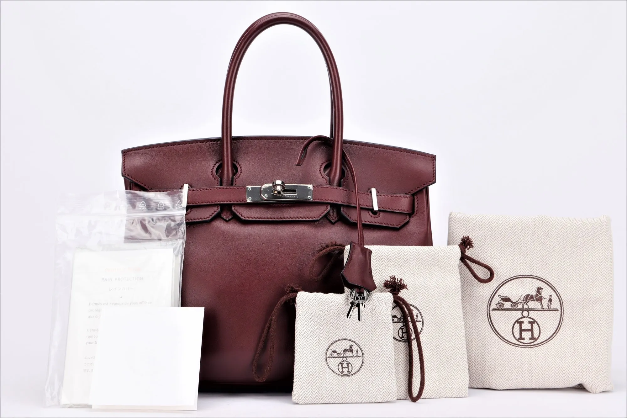 Hermes Birkin 30cm (Stamp M) Rouge H Color Swift Leather, Silver Hardware, with Keys, Raincoat & Dust Cover, no Lock