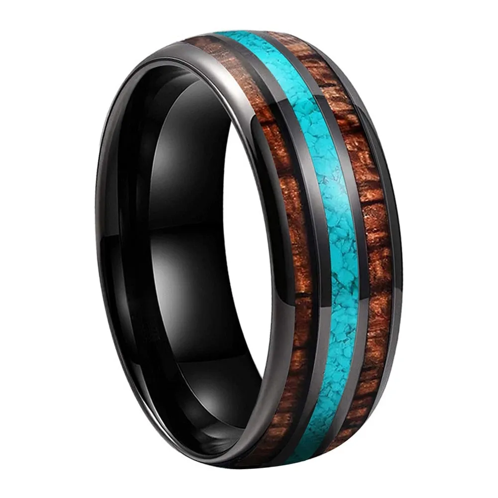 Koa Wood & Turquoise Black Tungsten Ring (8mm)