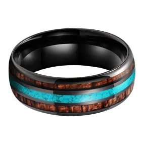 Koa Wood & Turquoise Black Tungsten Ring (8mm)