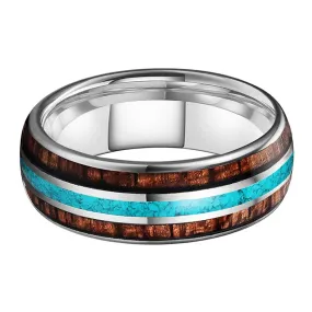 Koa Wood & Turquoise Silver Tungsten Ring (8mm)