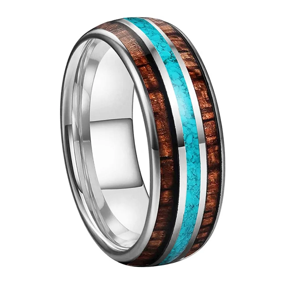 Koa Wood & Turquoise Silver Tungsten Ring (8mm)