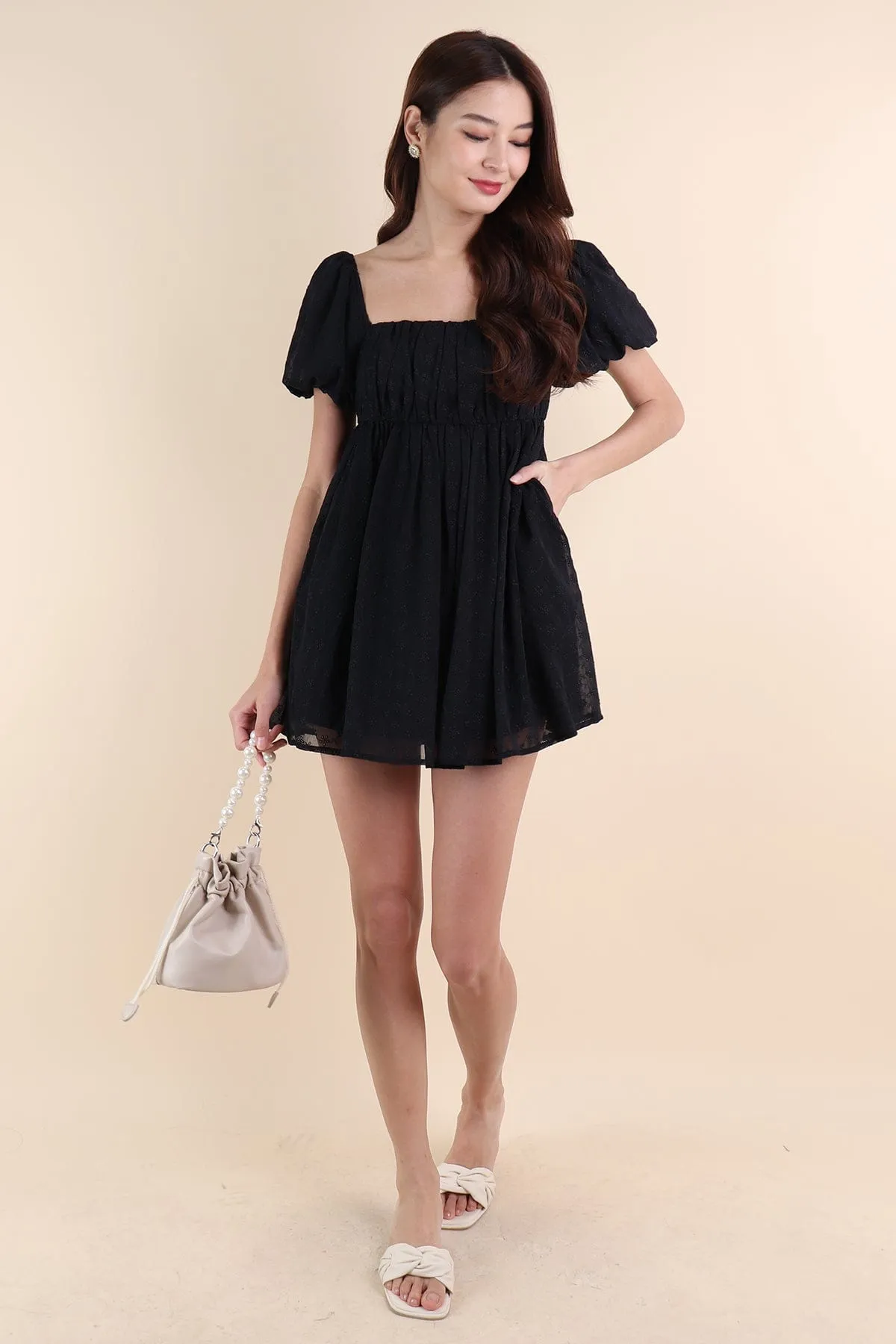 KYRIE PUFF SLEEVE RUCHED EYELET DRESS IN BLACK