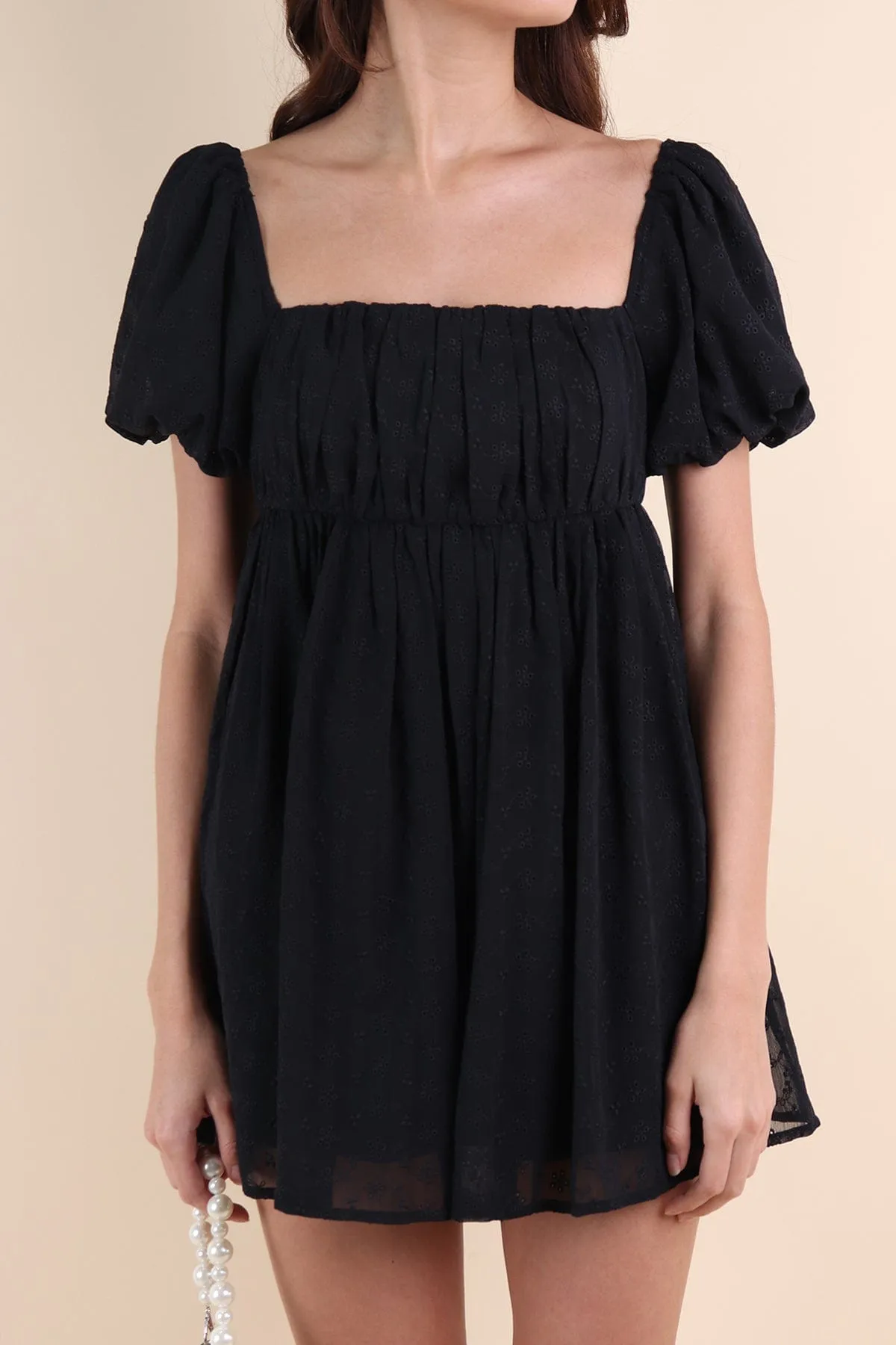 KYRIE PUFF SLEEVE RUCHED EYELET DRESS IN BLACK