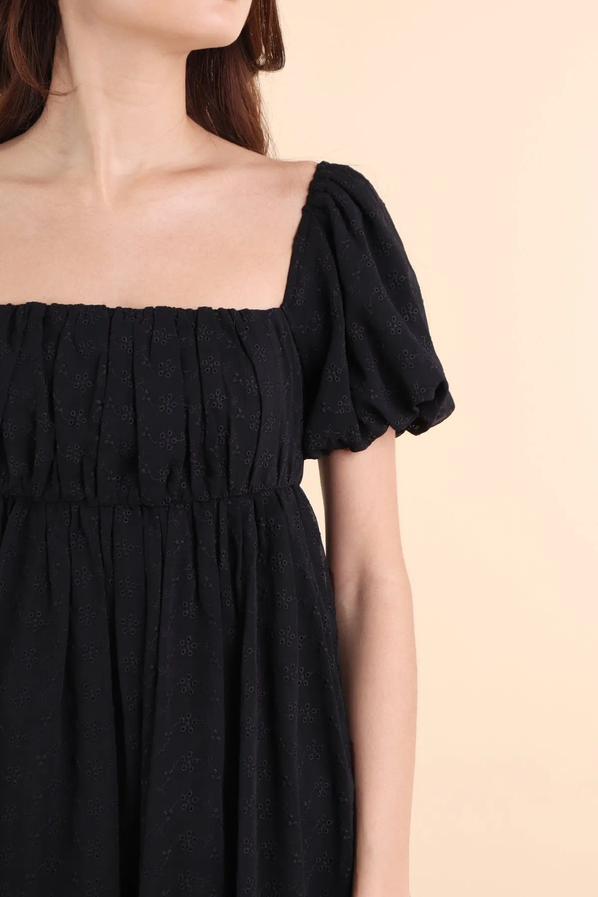 KYRIE PUFF SLEEVE RUCHED EYELET DRESS IN BLACK