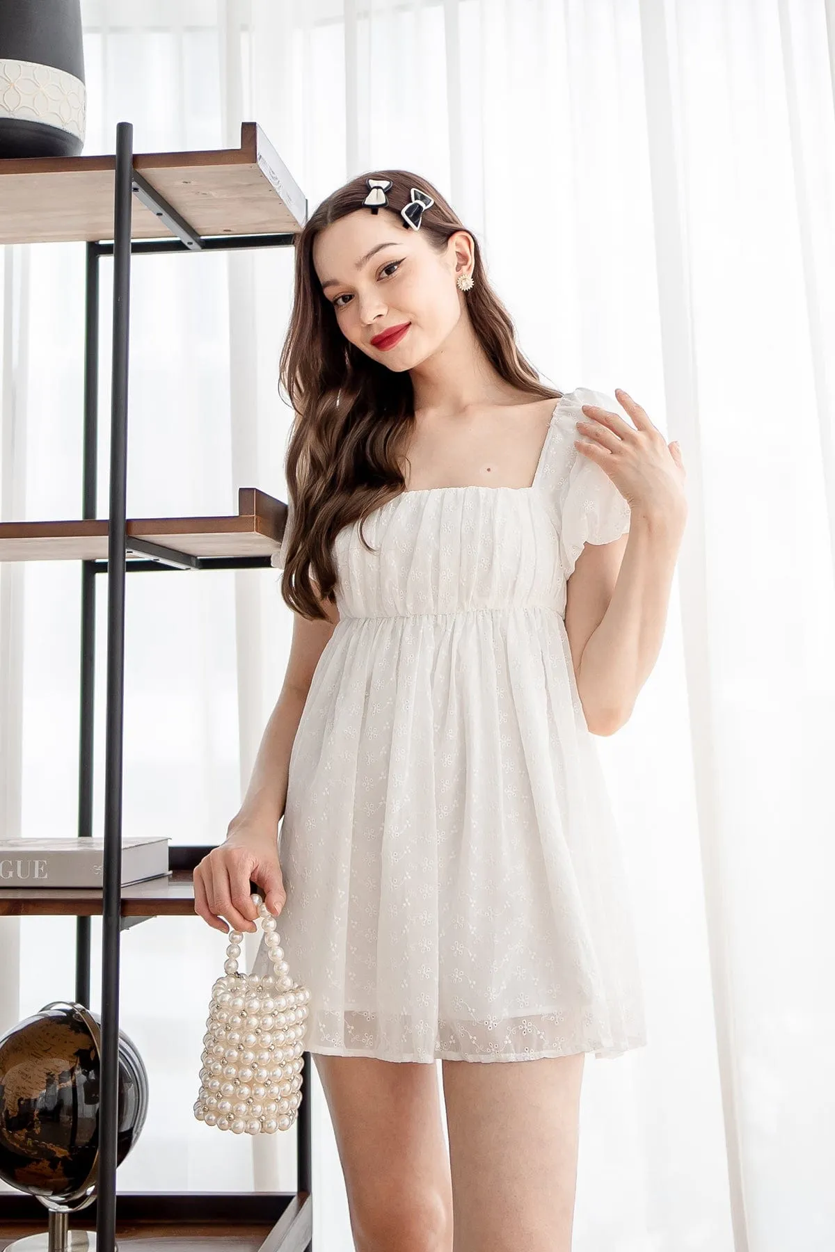 KYRIE PUFF SLEEVE RUCHED EYELET DRESS IN WHITE