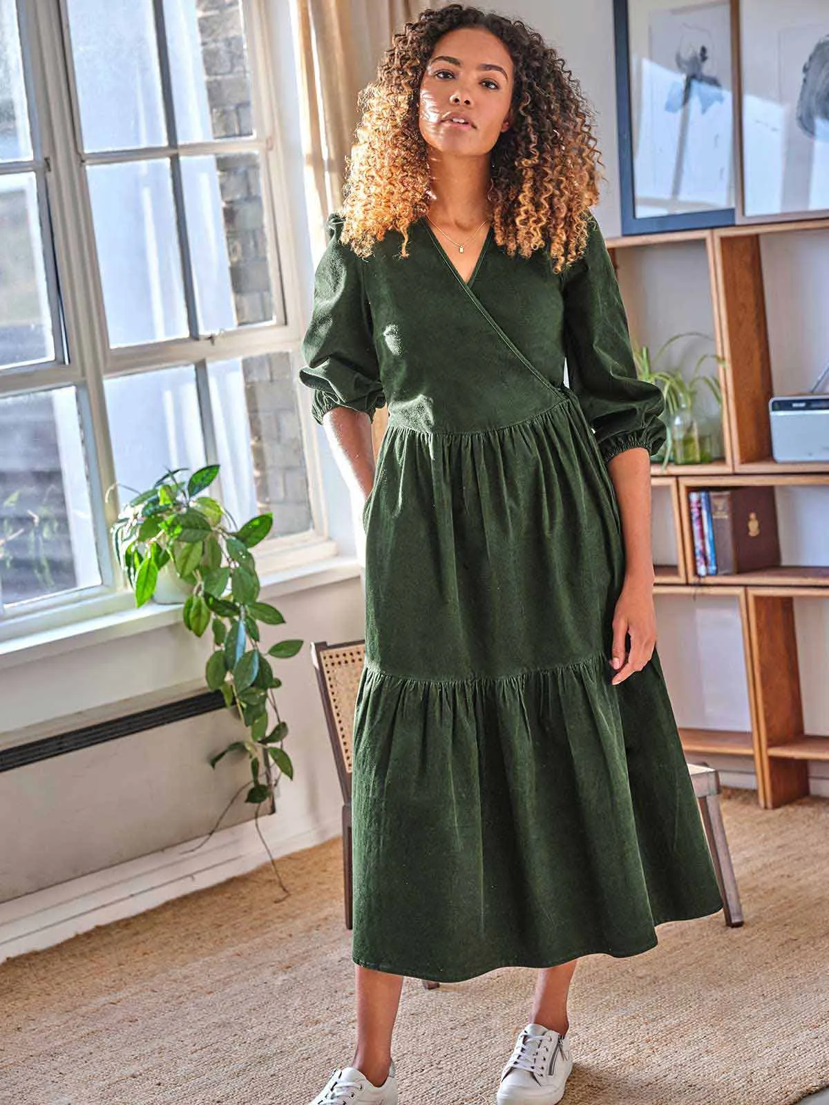 Milou Organic Cotton Corduroy Wrap Dress - Forest Green