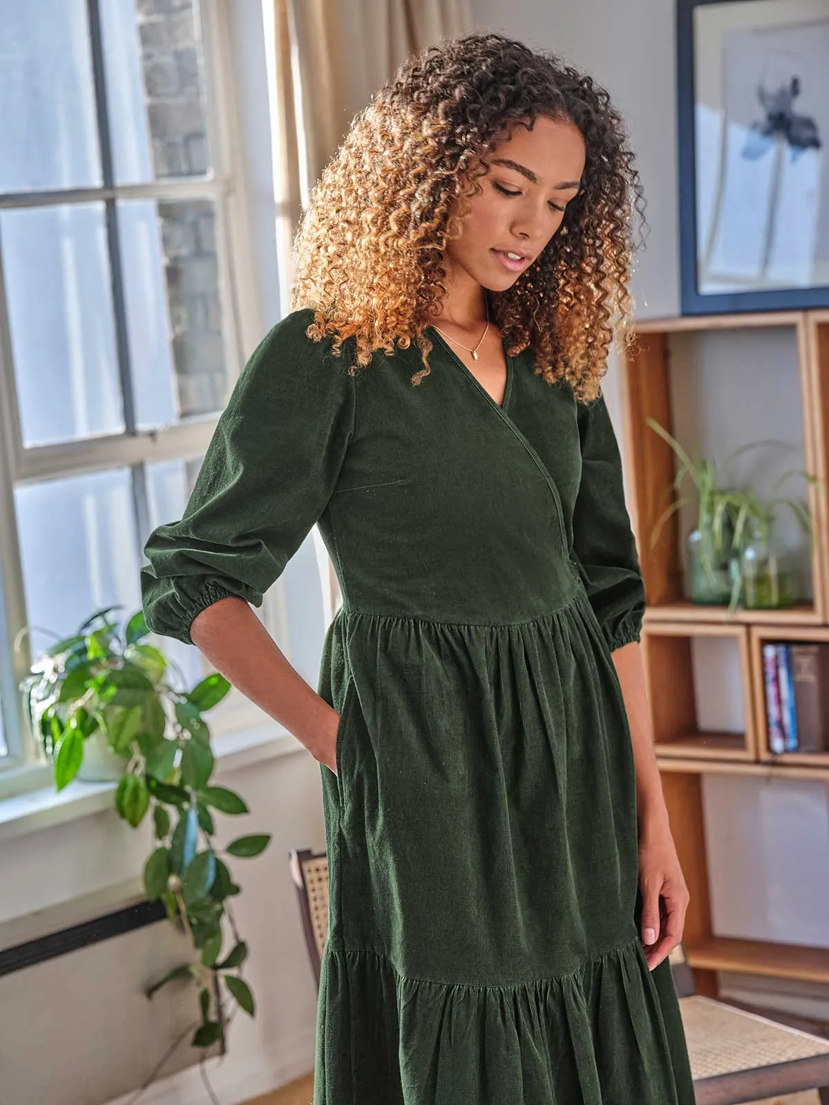 Milou Organic Cotton Corduroy Wrap Dress - Forest Green