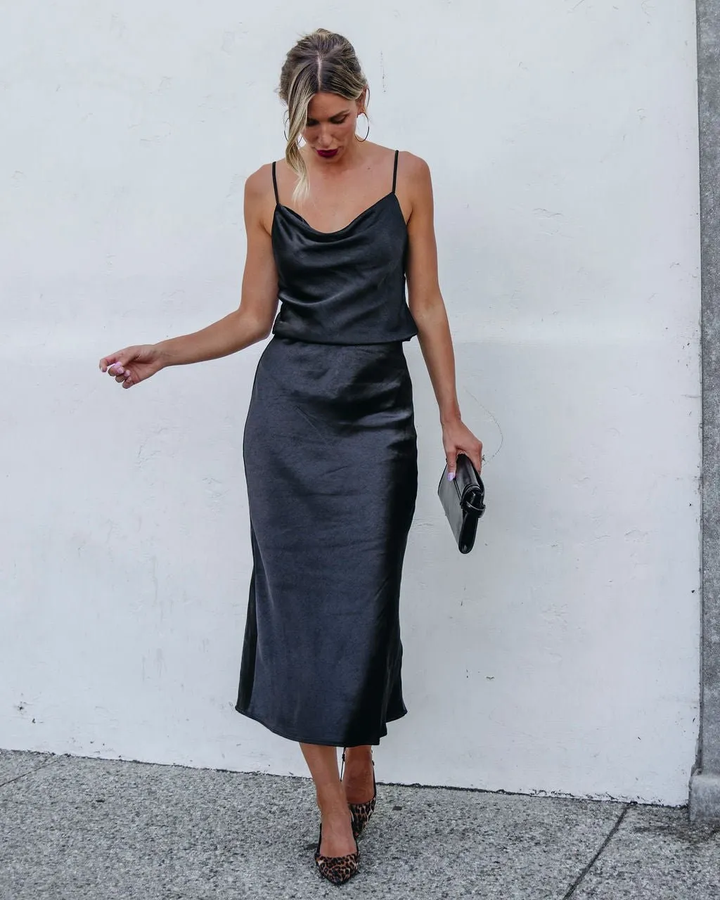 Muse By Magnolia Black Satin Midi Skirt