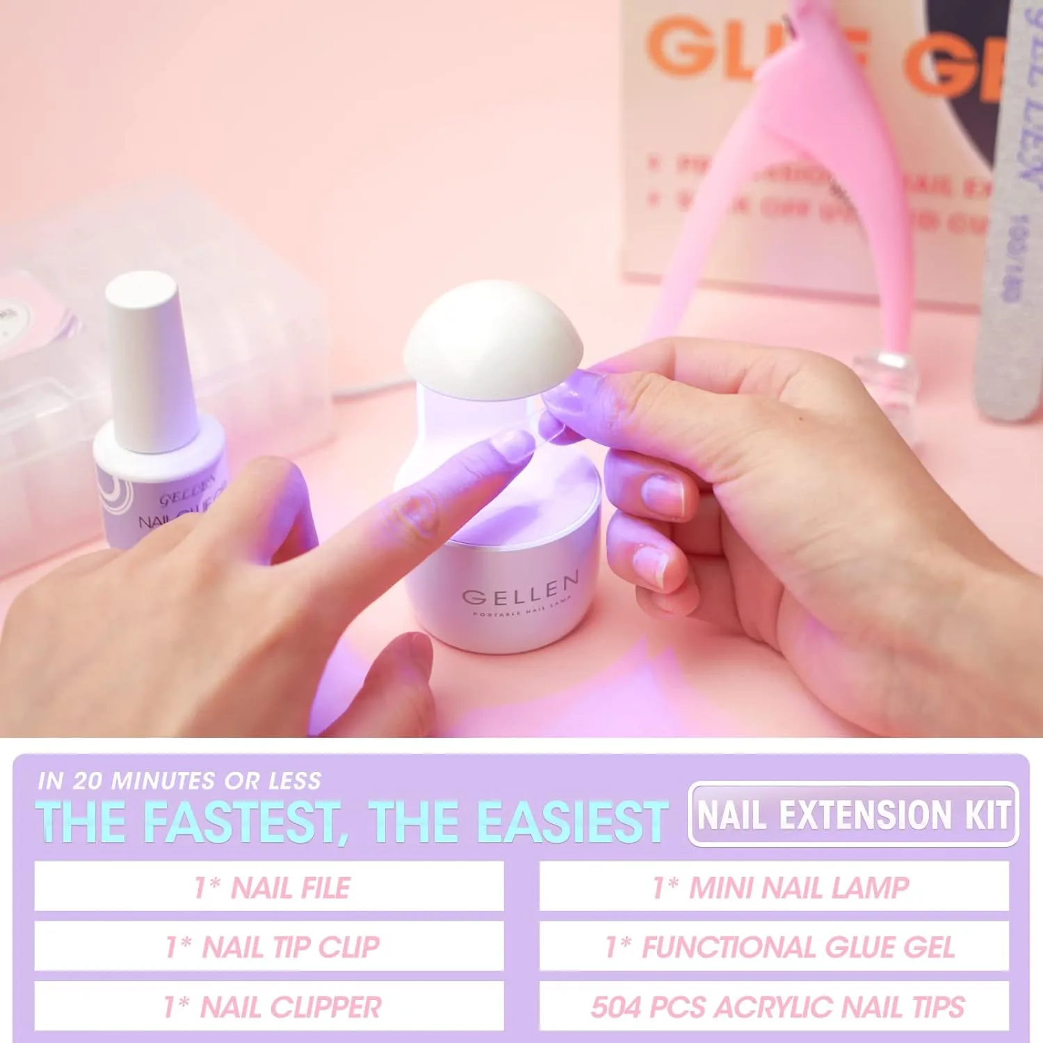 Nail Tips And Glue Gel Kit, 504Pcs Square Clear Fake Nails, UV Nail Lamp, 3-In-1 Nail Glue Gel Nail Extension Kit