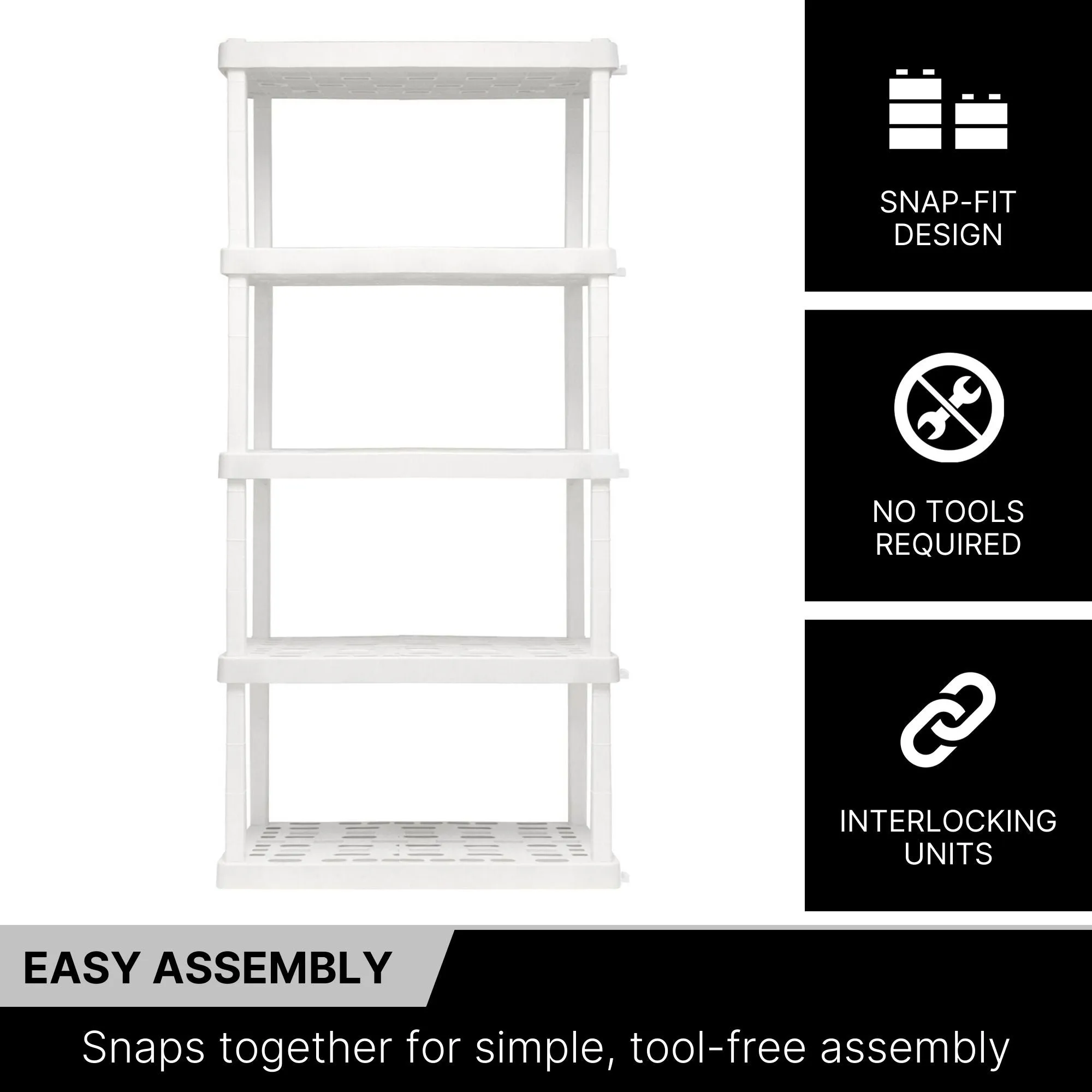 Oskar 5-Tier Storage Shelf, Interlocking Heavy Duty Shelving Unit, 750 lbs (340 kg) Capacity, Multipurpose Organizer for Garage, Basement, Utility Shed, Workshop, Made in North America, White